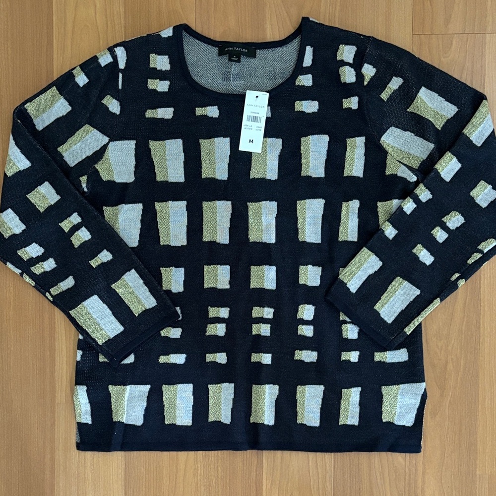 Ann Taylor Navy Blue Tricolor Lattice Knit Sweater